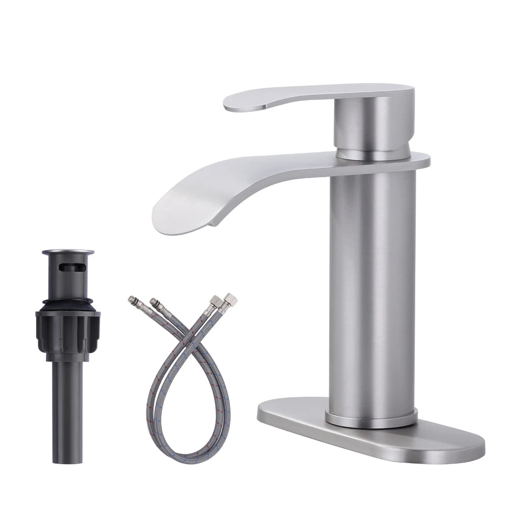 Waterfall Bathroom Faucet Single Hole Single Handle Faucet with Stainless Steel Metal Brushed Nickel Modern Water Basin Faucet
