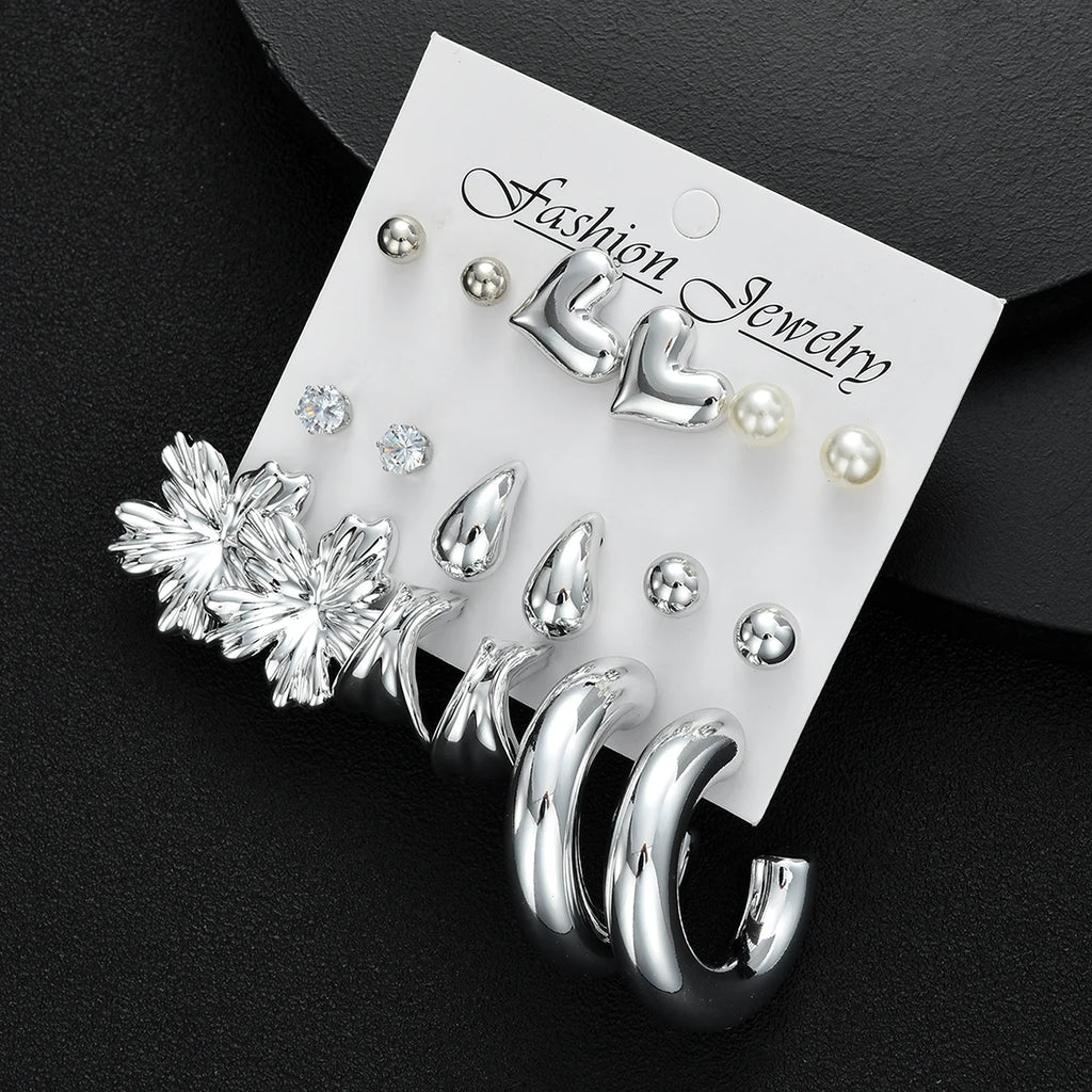 18pcs Bohemian Heart Floral Earring Sets for Women Silver Color Faux Pearl Zircon Geometric C Shape Earrings Daily Wear Jewelry