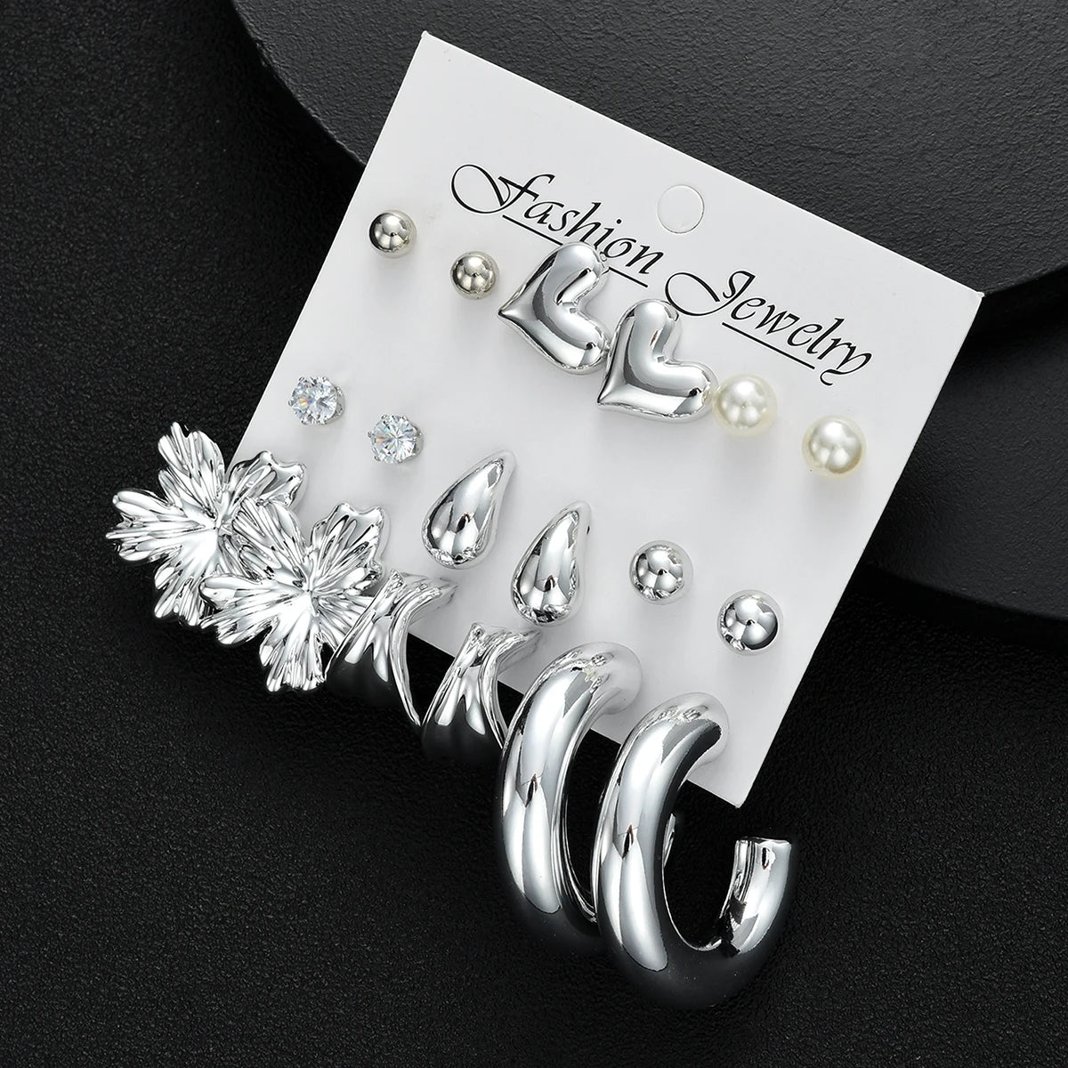 18pcs Bohemian Heart Floral Earring Sets for Women Silver Color Faux Pearl Zircon Geometric C Shape Earrings Daily Wear Jewelry