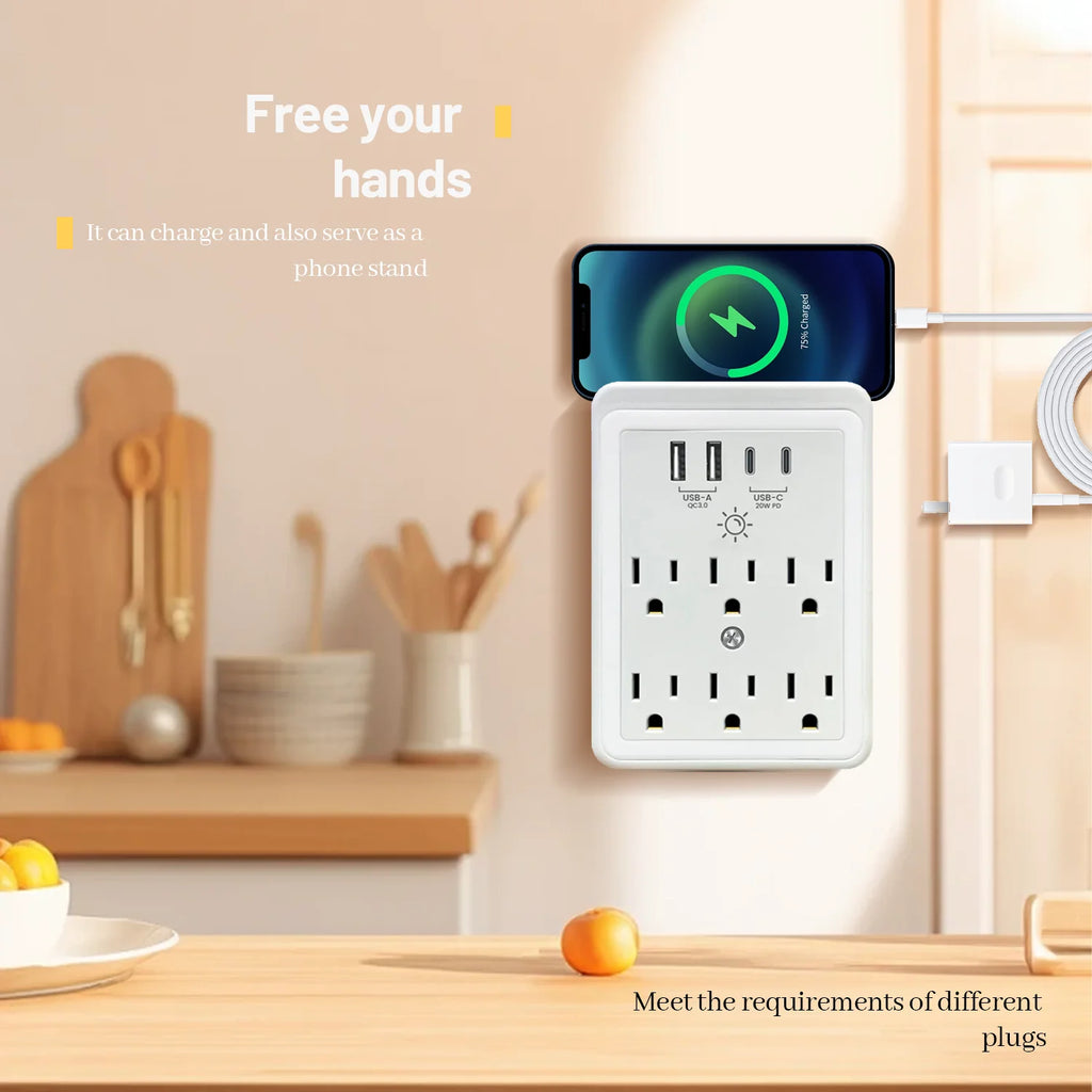 1680J Surge Protector Outlet Extender, USB Wall Charging Adapter, Multi Plug Outlet Splitter with LED Dimmer Phone Stand Holder