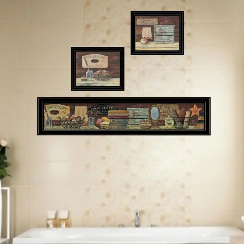 Country Bath 3-Piece Art Set, Black Frame