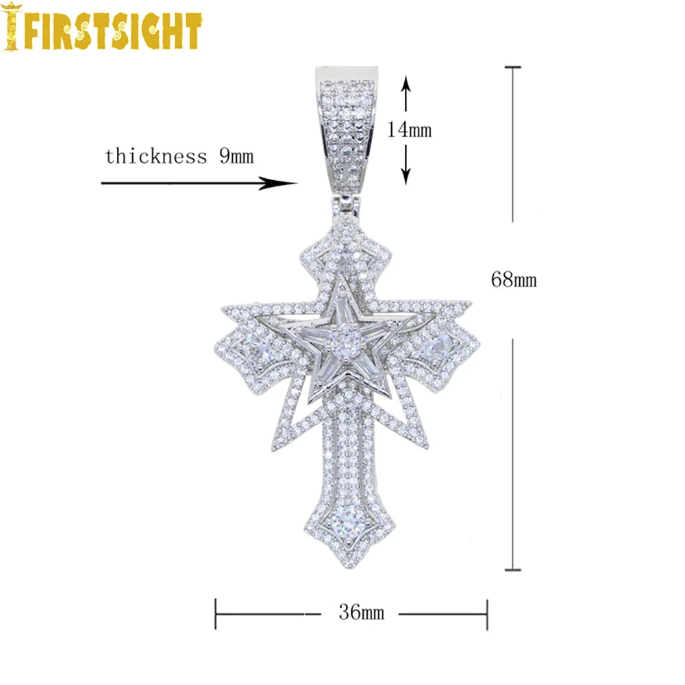 New Iced Out Bling Star Cross Pendant Infinity Cuban Chain Necklace Gold Silver Color Cubic Zirconia Hip Hop Men Jewelry