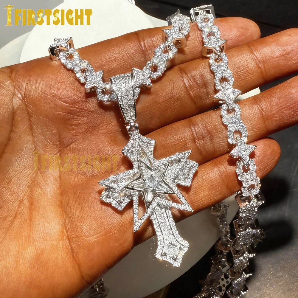 New Iced Out Bling Star Cross Pendant Infinity Cuban Chain Necklace Gold Silver Color Cubic Zirconia Hip Hop Men Jewelry