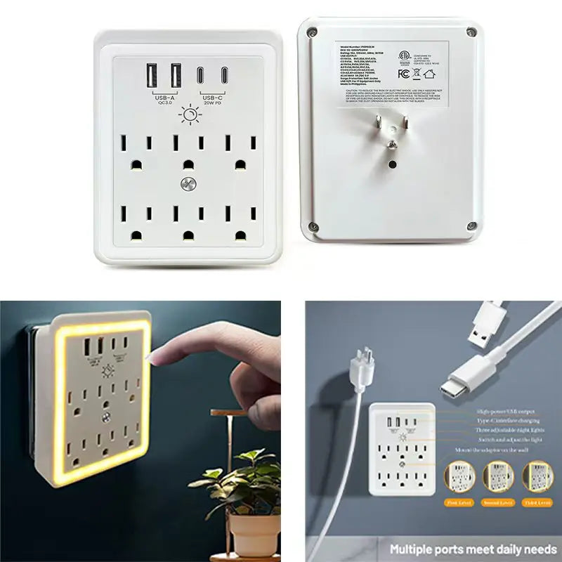 1680J Surge Protector Outlet Extender, USB Wall Charging Adapter, Multi Plug Outlet Splitter with LED Dimmer Phone Stand Holder