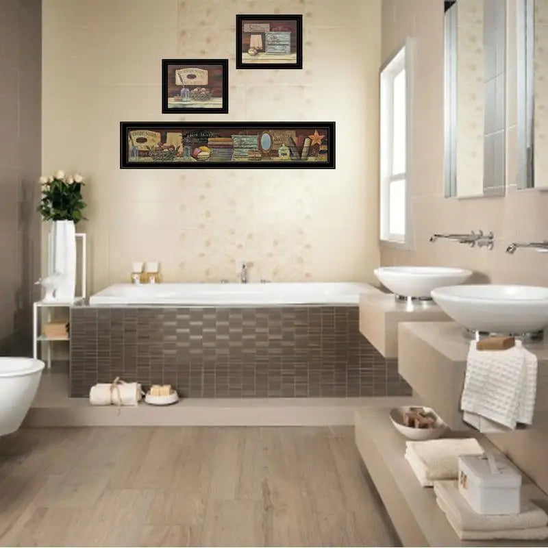 Country Bath 3-Piece Art Set, Black Frame