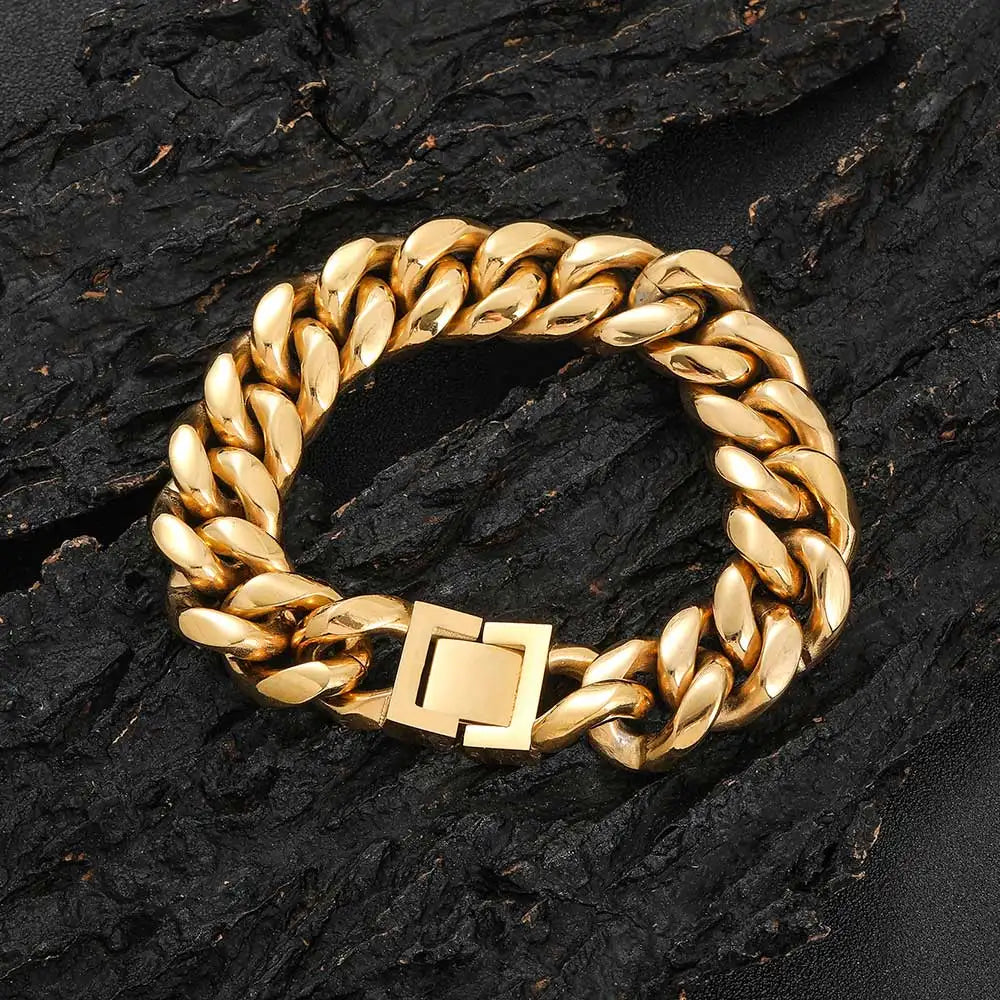 6-16mm Gold Color 316L Stainless Steel Curb Cuban Link Chain Bracelet Bangle Jewelry 7-9inch for Men Women
