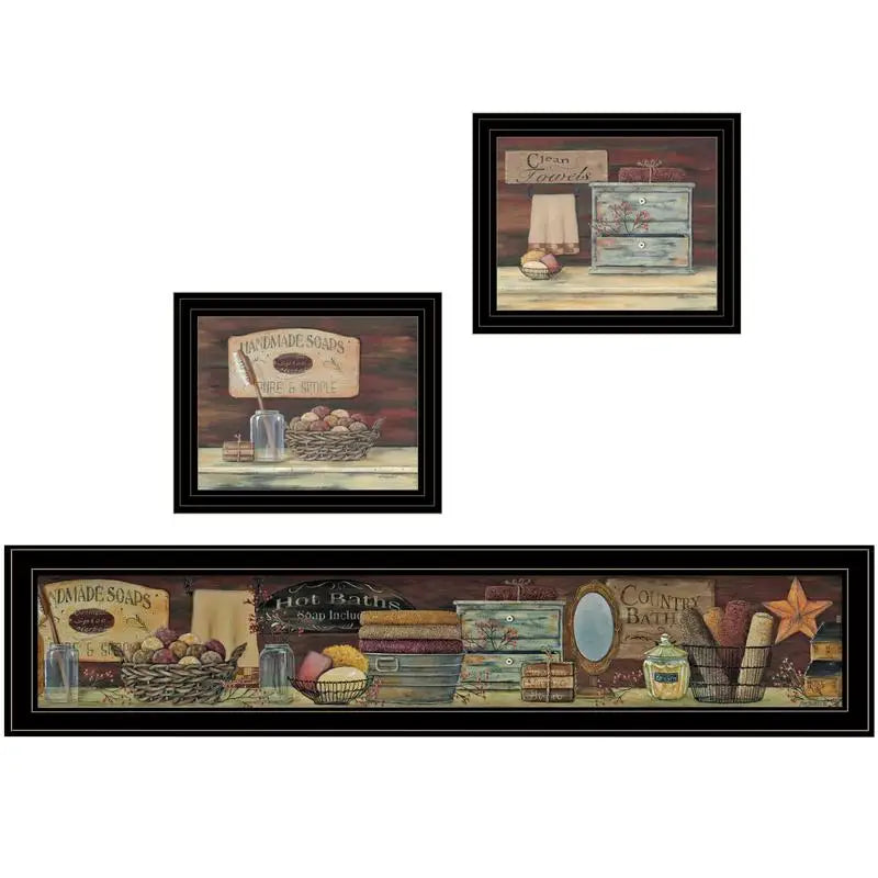 Country Bath 3-Piece Art Set, Black Frame
