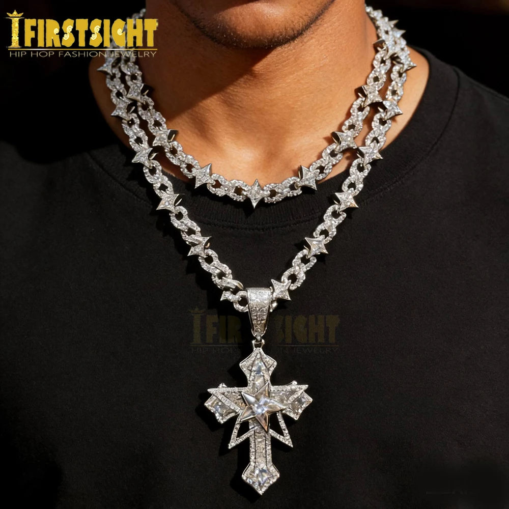 New Iced Out Bling Star Cross Pendant Infinity Cuban Chain Necklace Gold Silver Color Cubic Zirconia Hip Hop Men Jewelry