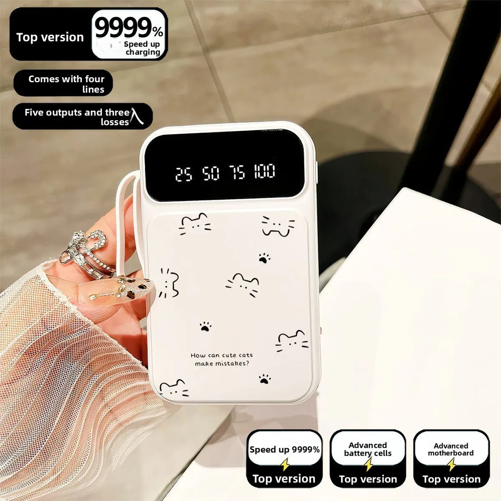 20000mAh Fast-charging Portable Power Bank with Minimalist Design, Featuring A Cat-shaped Design and A Built-in Cable