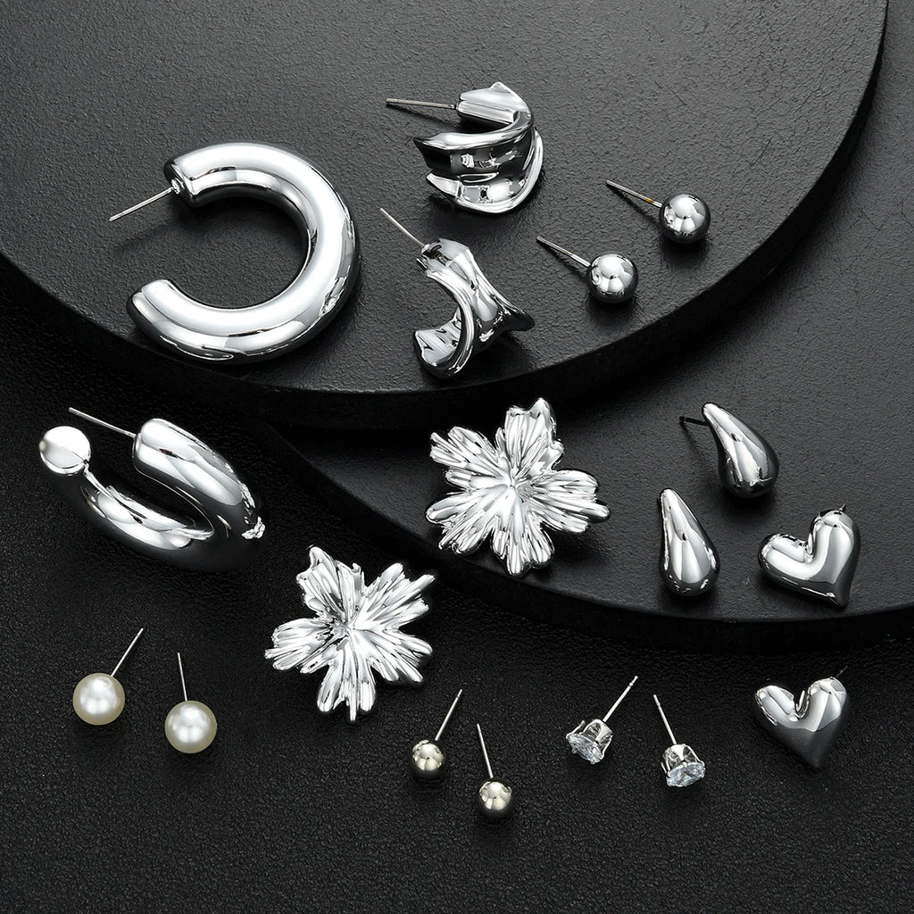 18pcs Bohemian Heart Floral Earring Sets for Women Silver Color Faux Pearl Zircon Geometric C Shape Earrings Daily Wear Jewelry