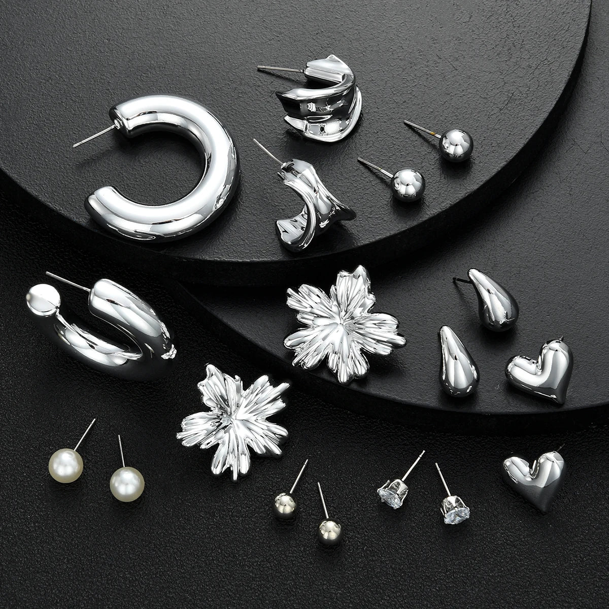 18pcs Bohemian Heart Floral Earring Sets for Women Silver Color Faux Pearl Zircon Geometric C Shape Earrings Daily Wear Jewelry