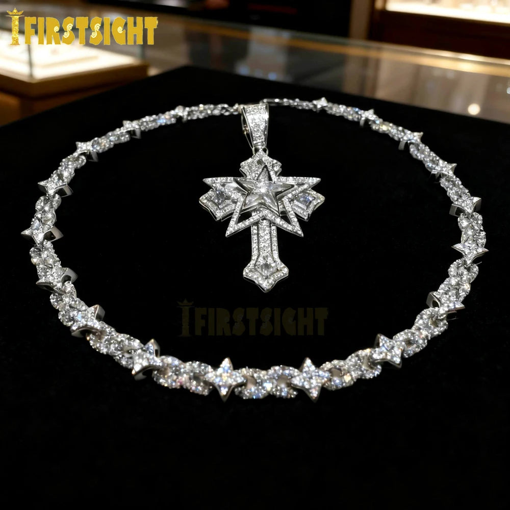 New Iced Out Bling Star Cross Pendant Infinity Cuban Chain Necklace Gold Silver Color Cubic Zirconia Hip Hop Men Jewelry