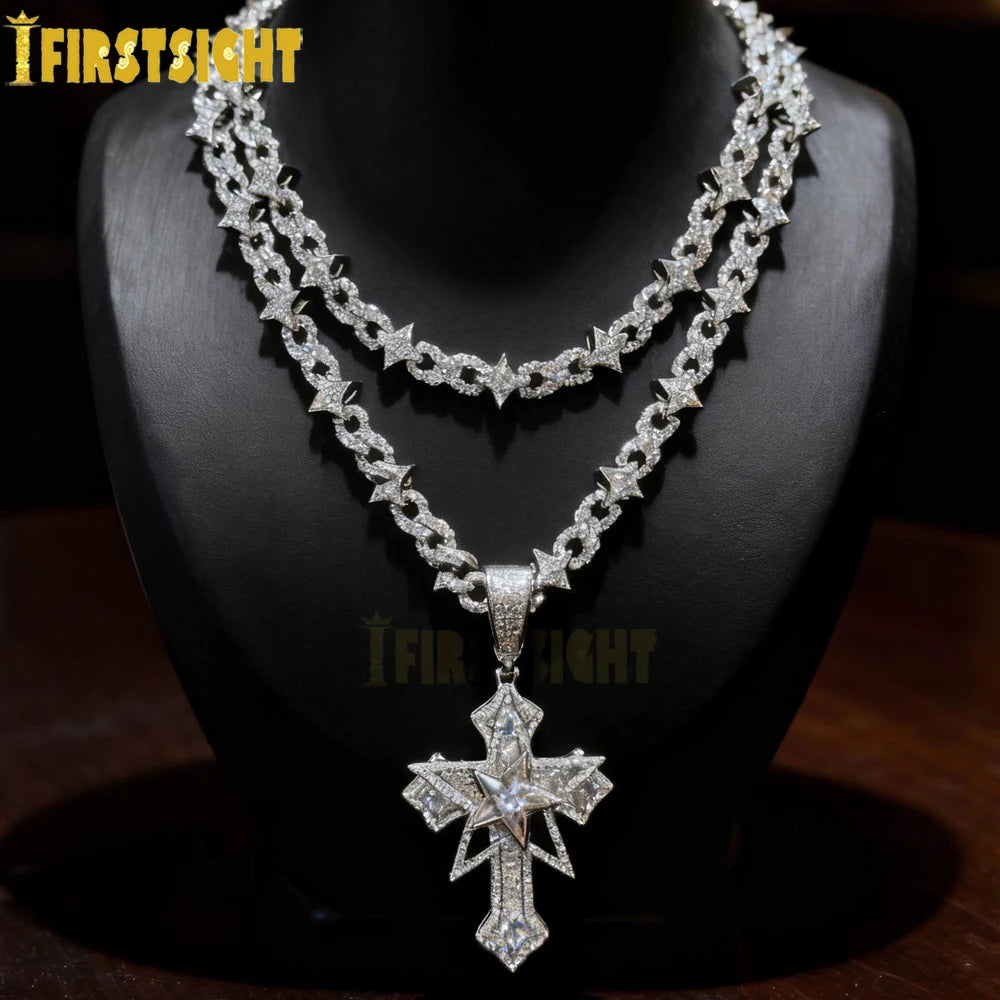 New Iced Out Bling Star Cross Pendant Infinity Cuban Chain Necklace Gold Silver Color Cubic Zirconia Hip Hop Men Jewelry