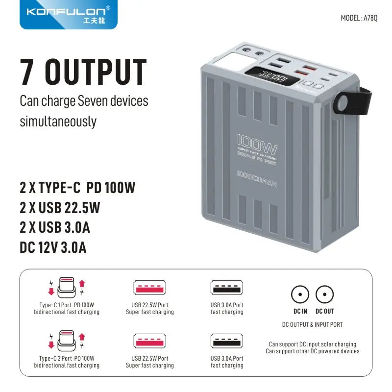 100000mAh Power Bank PD 100W USB C Fast Charge Large Capacity 22.5W  with 7 Outputs & LCD Display Battery Bank Outdoor Camping