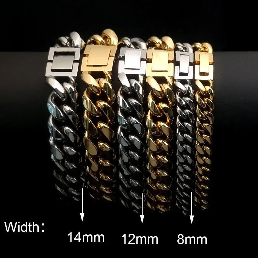 6-16mm Gold Color 316L Stainless Steel Curb Cuban Link Chain Bracelet Bangle Jewelry 7-9inch for Men Women