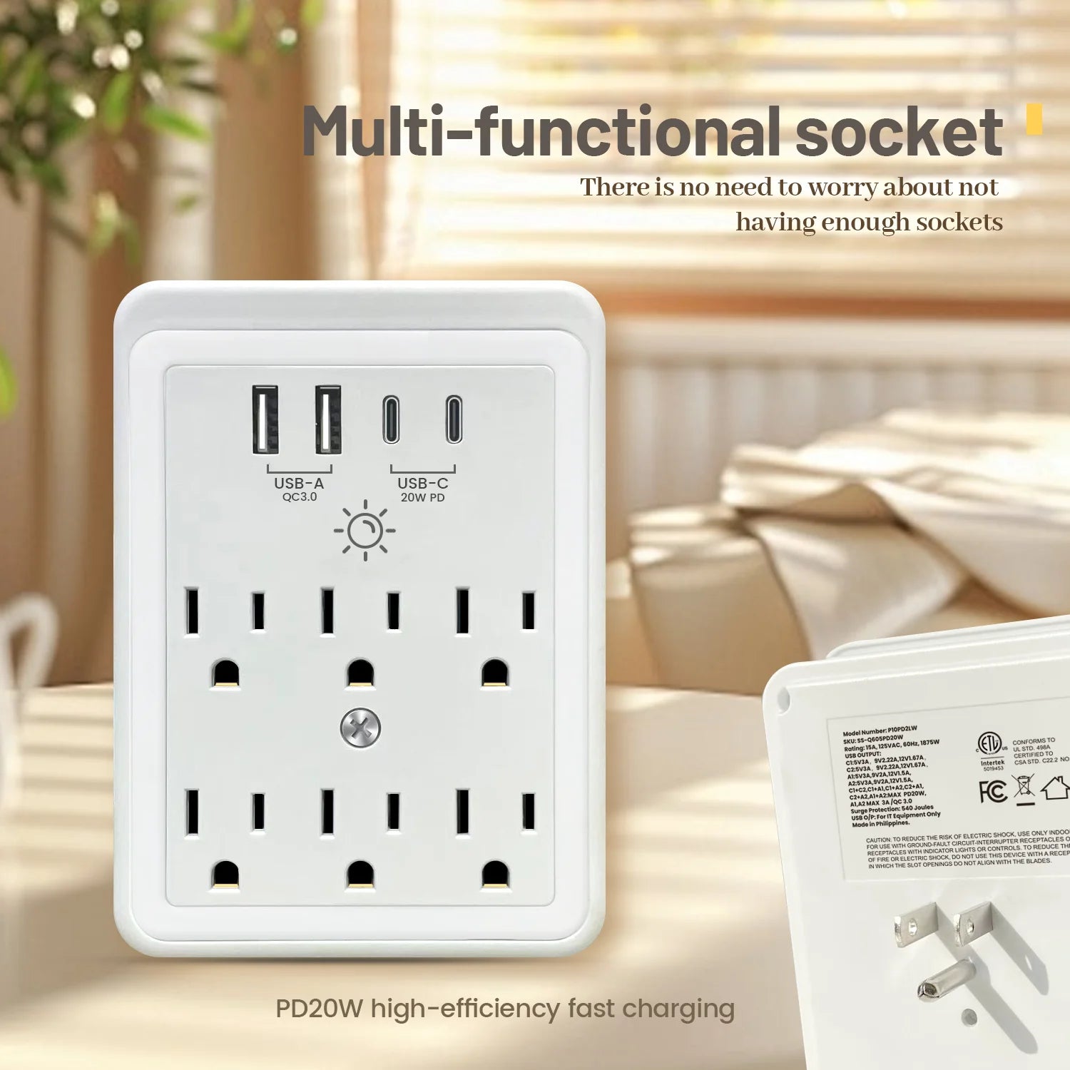 1680J Surge Protector Outlet Extender, USB Wall Charging Adapter, Multi Plug Outlet Splitter with LED Dimmer Phone Stand Holder