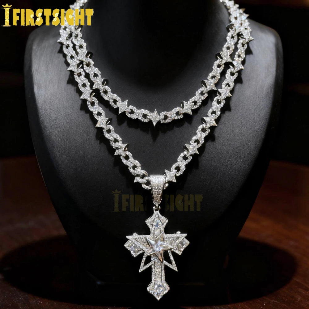 New Iced Out Bling Star Cross Pendant Infinity Cuban Chain Necklace Gold Silver Color Cubic Zirconia Hip Hop Men Jewelry