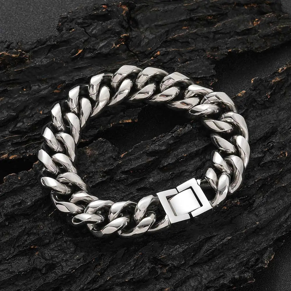 6-16mm Gold Color 316L Stainless Steel Curb Cuban Link Chain Bracelet Bangle Jewelry 7-9inch for Men Women