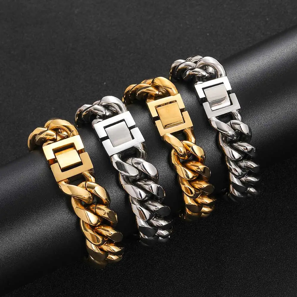 6-16mm Gold Color 316L Stainless Steel Curb Cuban Link Chain Bracelet Bangle Jewelry 7-9inch for Men Women