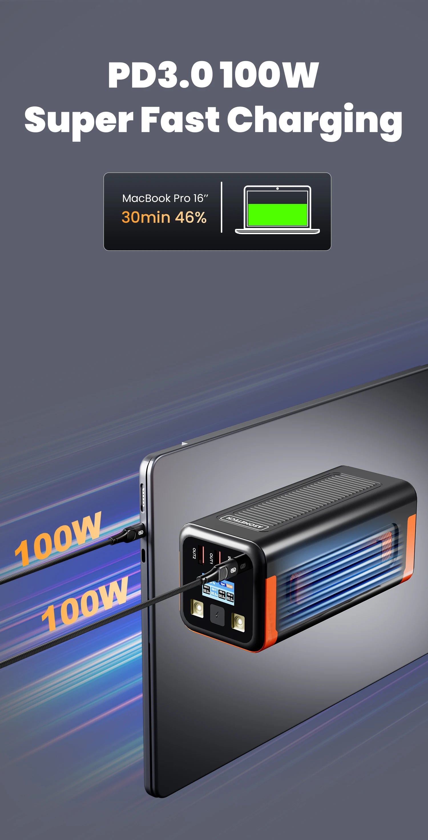 Power Bank 50000mAh 100W PD PPS Super Fast Charging Portable Spare Battery Type-C Retractable Cable Powerbank For Phone Laptop
