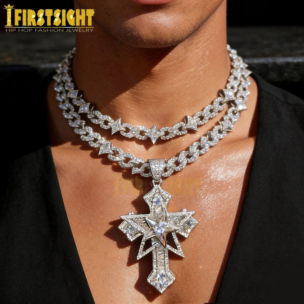 New Iced Out Bling Star Cross Pendant Infinity Cuban Chain Necklace Gold Silver Color Cubic Zirconia Hip Hop Men Jewelry