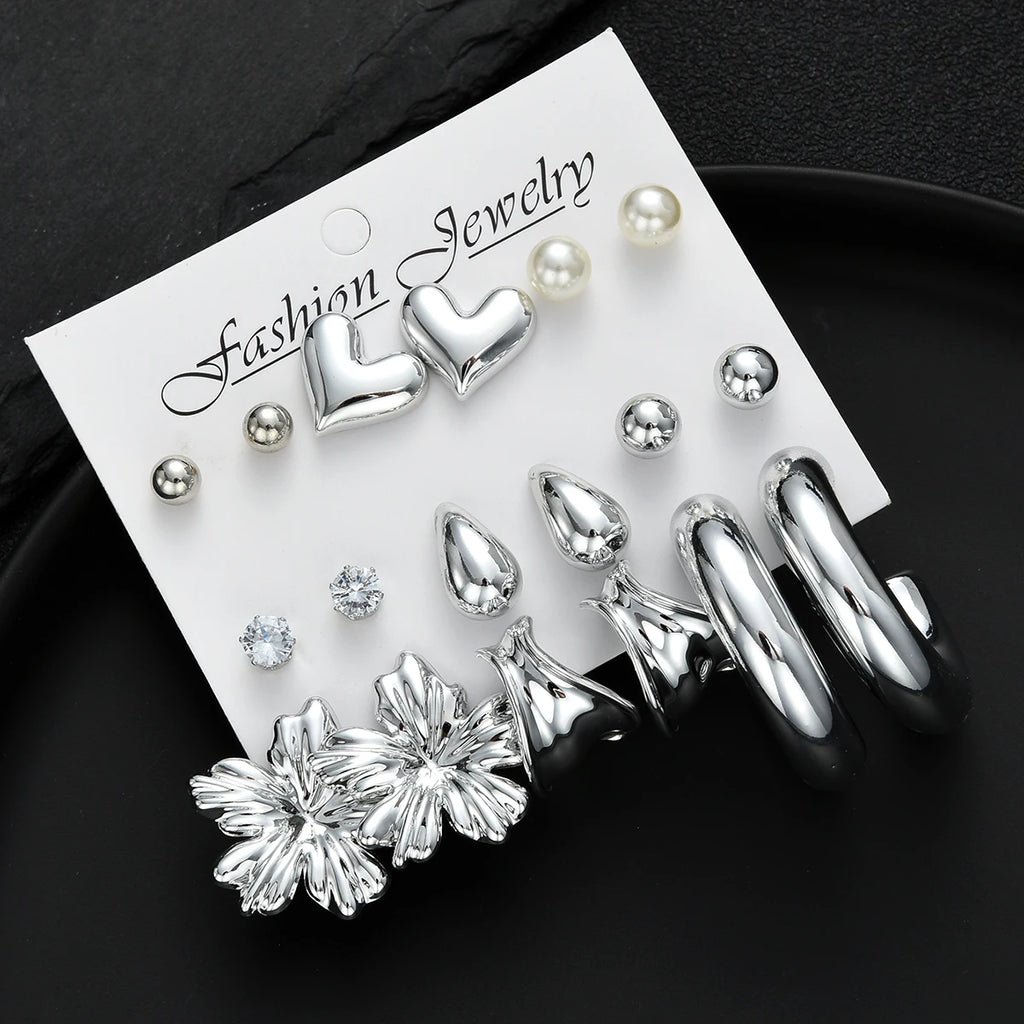 18pcs Bohemian Heart Floral Earring Sets for Women Silver Color Faux Pearl Zircon Geometric C Shape Earrings Daily Wear Jewelry