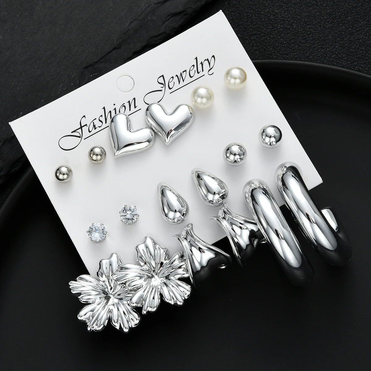 18pcs Bohemian Heart Floral Earring Sets for Women Silver Color Faux Pearl Zircon Geometric C Shape Earrings Daily Wear Jewelry