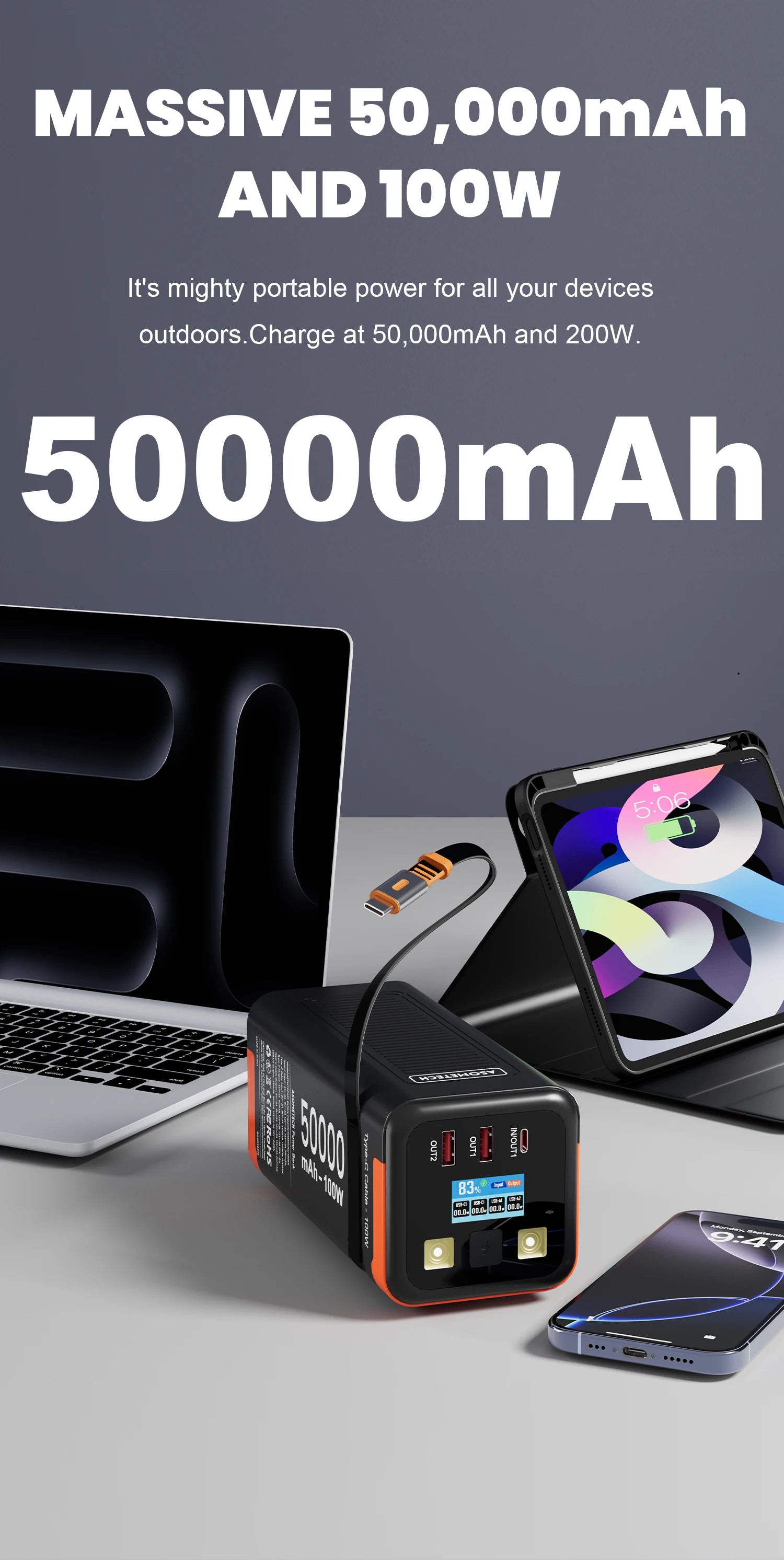 Power Bank 50000mAh 100W PD PPS Super Fast Charging Portable Spare Battery Type-C Retractable Cable Powerbank For Phone Laptop