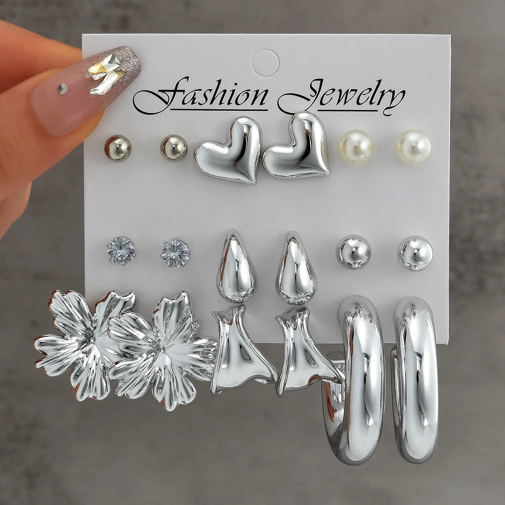 18pcs Bohemian Heart Floral Earring Sets for Women Silver Color Faux Pearl Zircon Geometric C Shape Earrings Daily Wear Jewelry