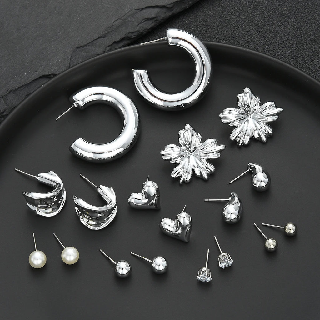18pcs Bohemian Heart Floral Earring Sets for Women Silver Color Faux Pearl Zircon Geometric C Shape Earrings Daily Wear Jewelry