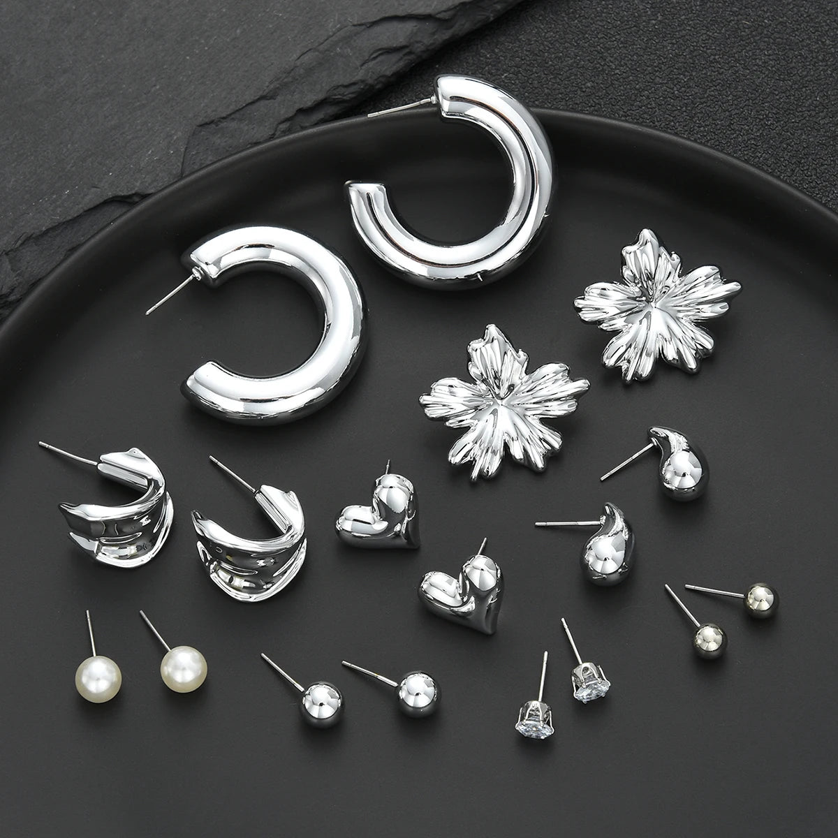 18pcs Bohemian Heart Floral Earring Sets for Women Silver Color Faux Pearl Zircon Geometric C Shape Earrings Daily Wear Jewelry