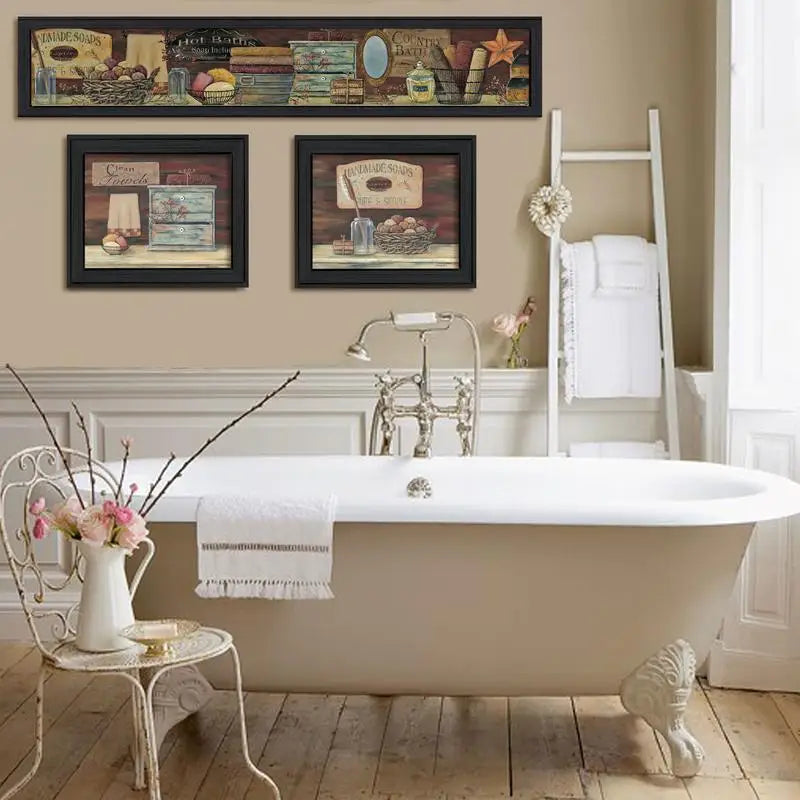 Country Bath I Collection 3-Piece Vignette Framed Wall Art Ready to Hang Black Frame