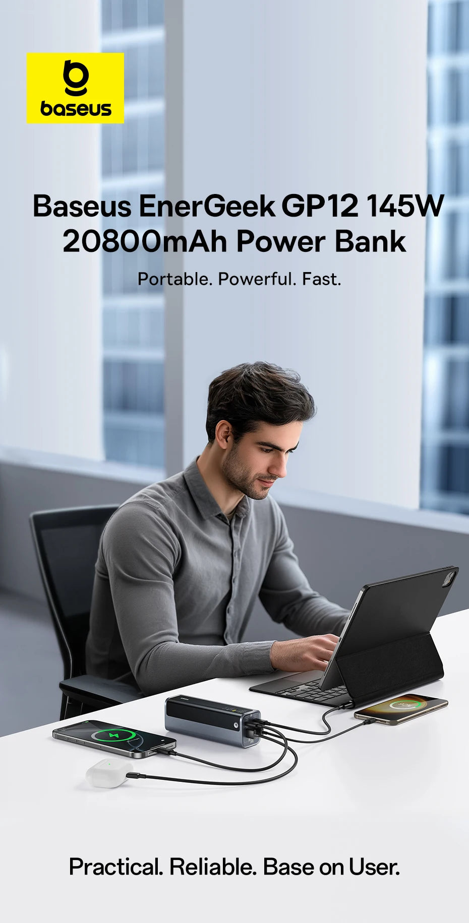 Baseus 145W Power Bank 20800mAh Dual USB A USB C PD 100W Fast Charging Digital Display Portable PowerBank for Laptop Phone Steam