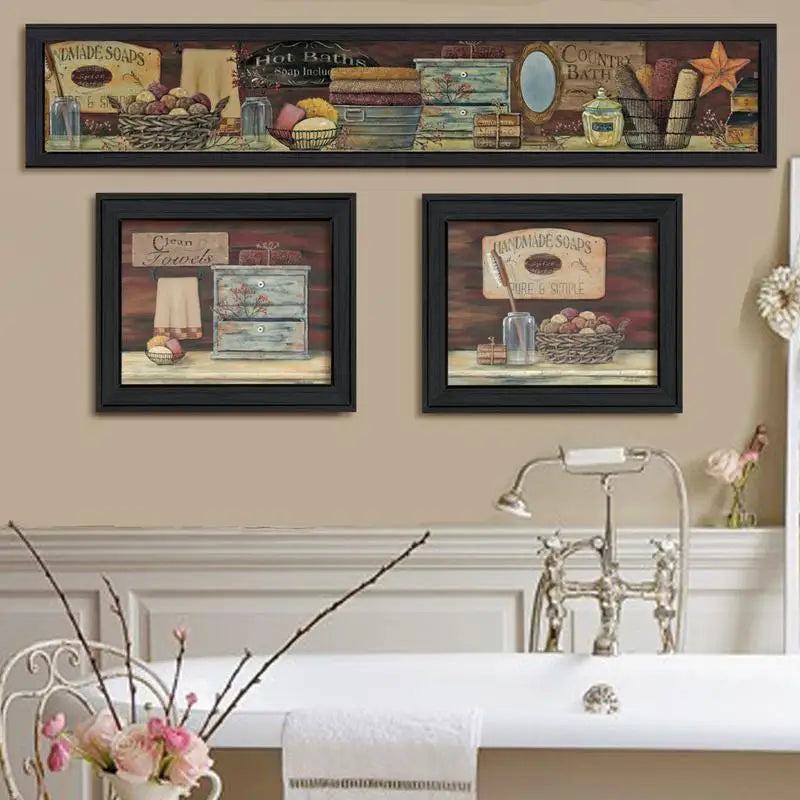 Country Bath I Collection 3-Piece Vignette Framed Wall Art Ready to Hang Black Frame