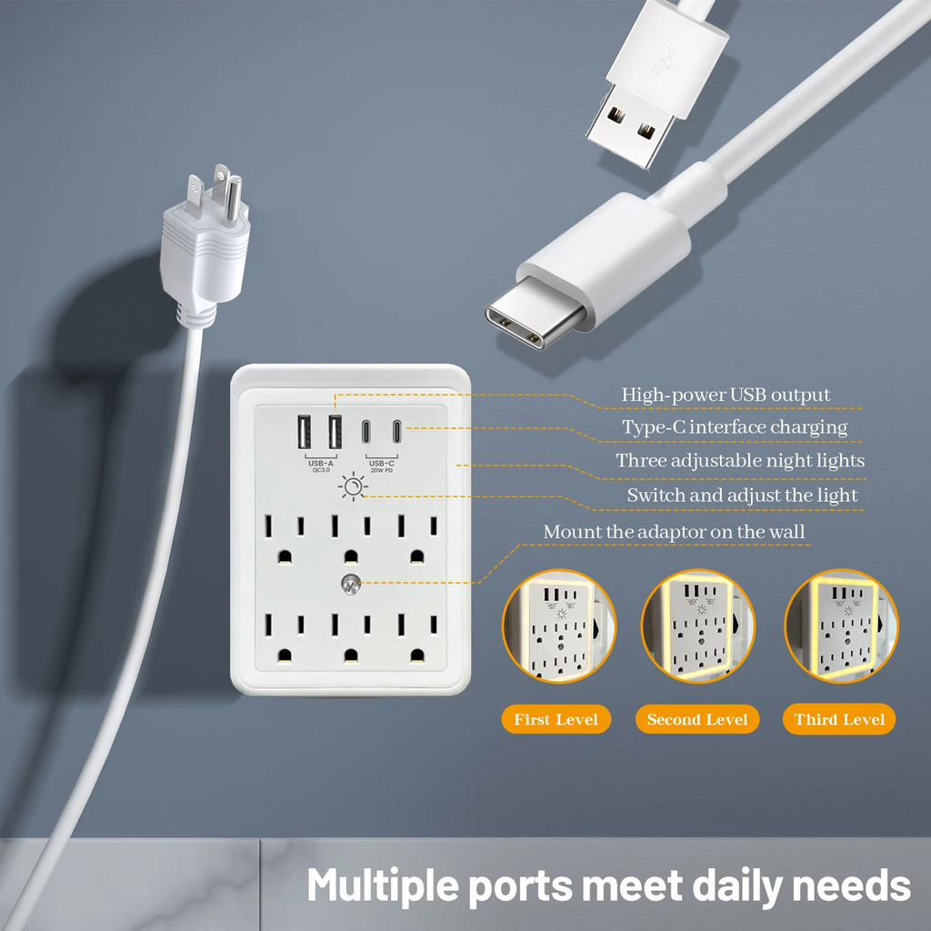 1680J Surge Protector Outlet Extender, USB Wall Charging Adapter, Multi Plug Outlet Splitter with LED Dimmer Phone Stand Holder