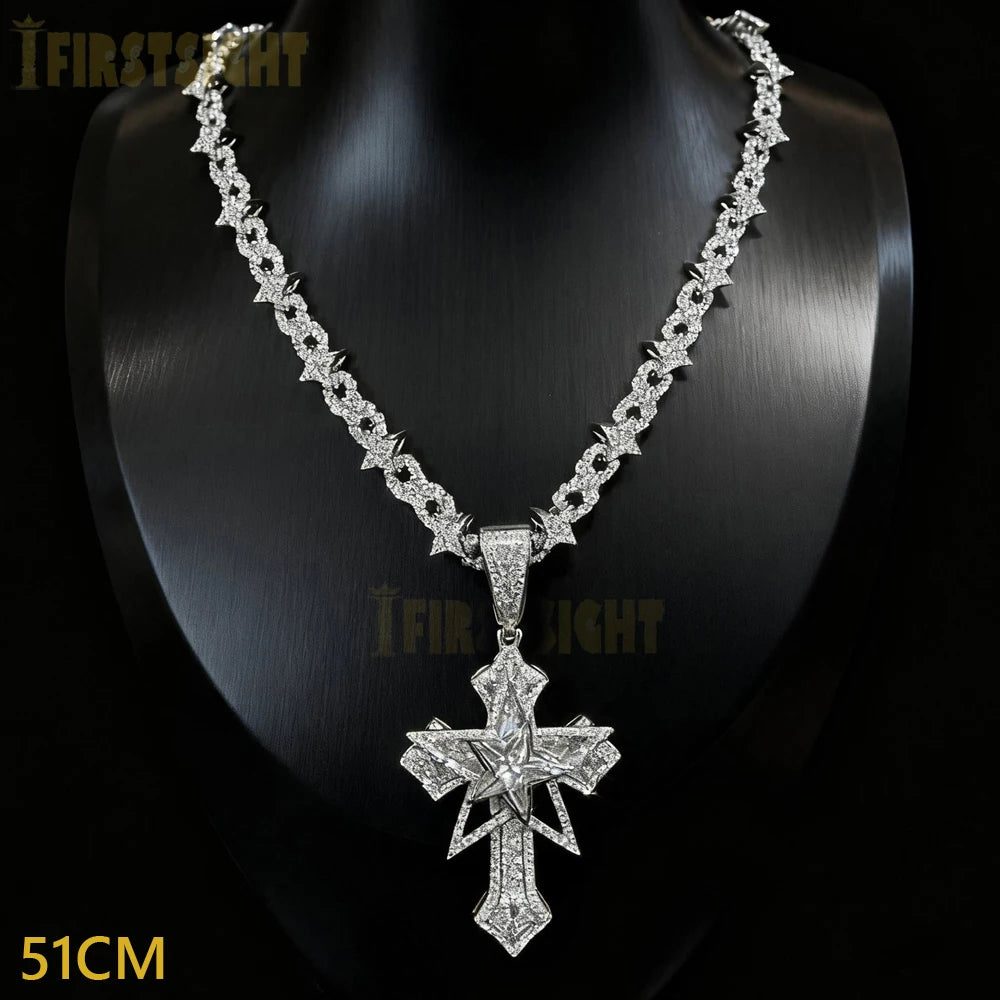 New Iced Out Bling Star Cross Pendant Infinity Cuban Chain Necklace Gold Silver Color Cubic Zirconia Hip Hop Men Jewelry