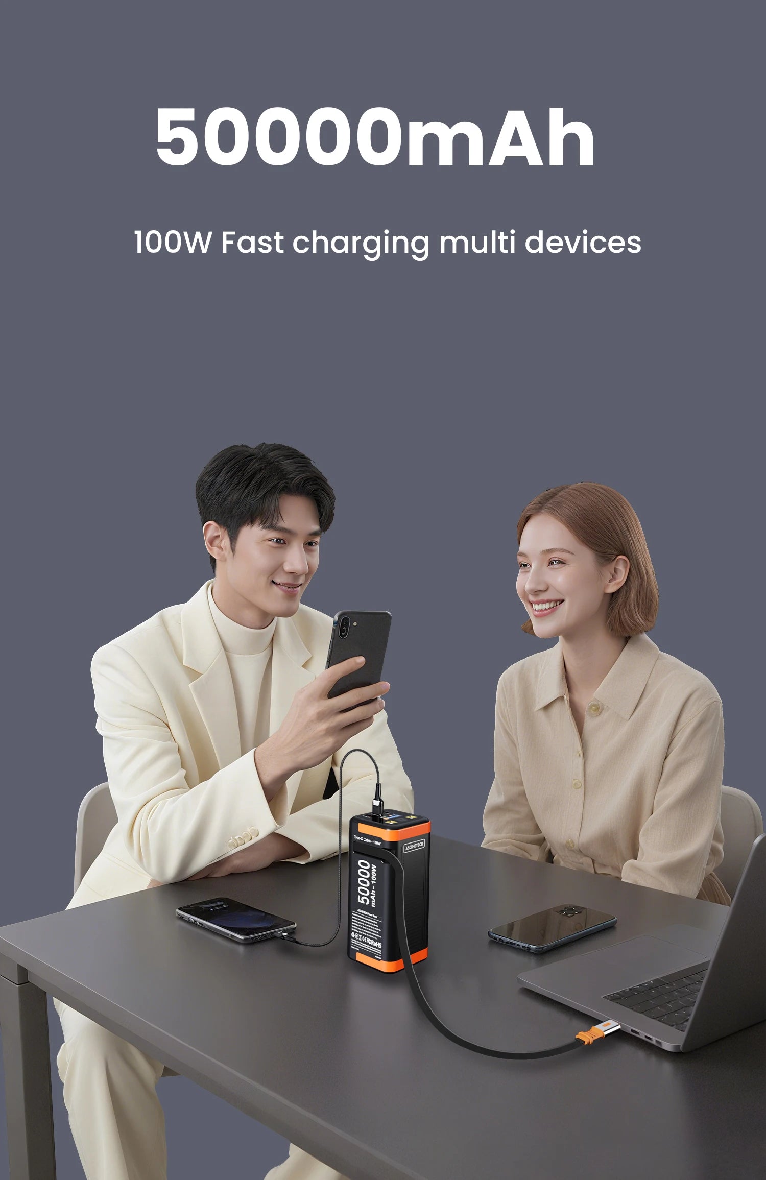 Power Bank 50000mAh 100W PD PPS Super Fast Charging Portable Spare Battery Type-C Retractable Cable Powerbank For Phone Laptop