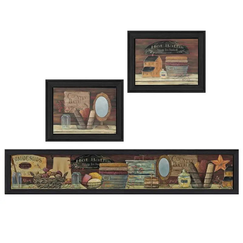 Country Bath I Collection 3-Piece Vignette Framed Wall Art Ready to Hang Black Frame