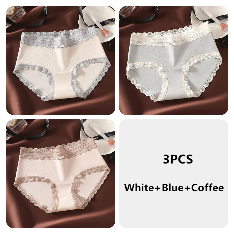 3PCS Women's Panties French Lace Mid-rise Panties Sexy Breathable Pure Cotton Underwear Soft Comfortable Briefs Intimates