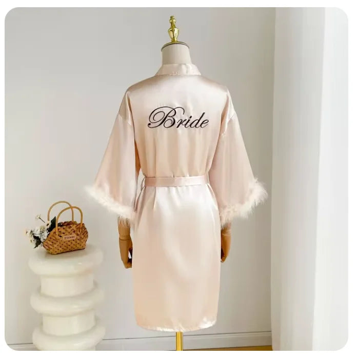 Wedding Bride Bridesmaid Robe Satin Kimono Intimate Lingerie Lady Sexy Feather Sleeve Bathrobe Nightgown Short Sleepwear Onesize