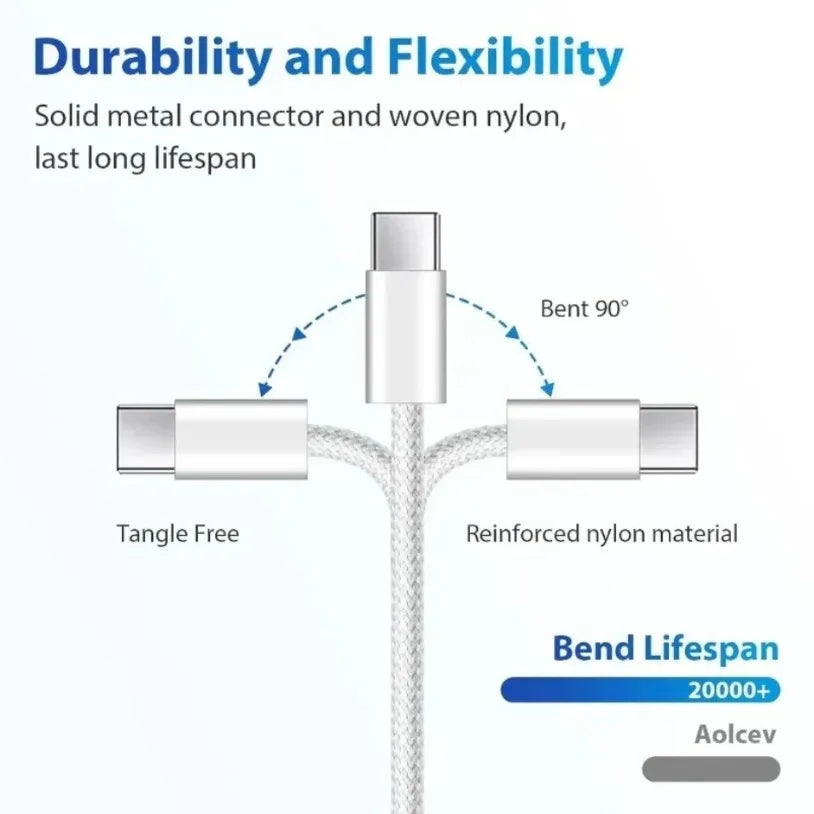 USB C Cable to USB C Fabric 60W PD Fast Charging Charger Cable Supports for iPhone 16 15 Samsung Xiaomi Huawei Fast Charging