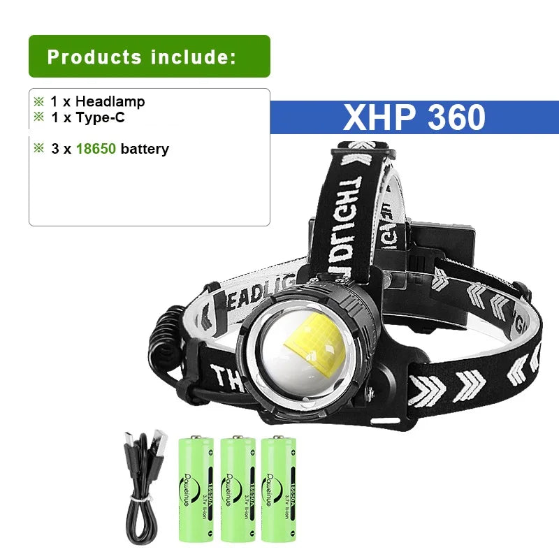 18000000LM  XHP360 Headlamp High Power Front Lantern Rechargeable Headlight 18650 Head Flashlight Camping Fishing Head Lantern