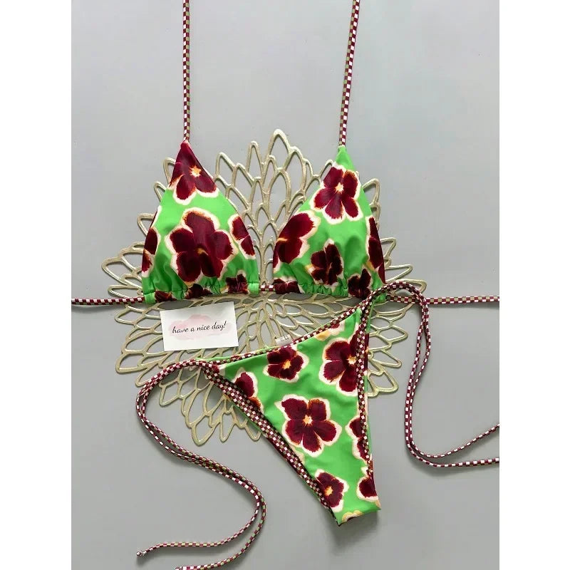 Vintage floral checked print women's bikini swimwear, suitable for spring and summer vacation beaches, poolsiv