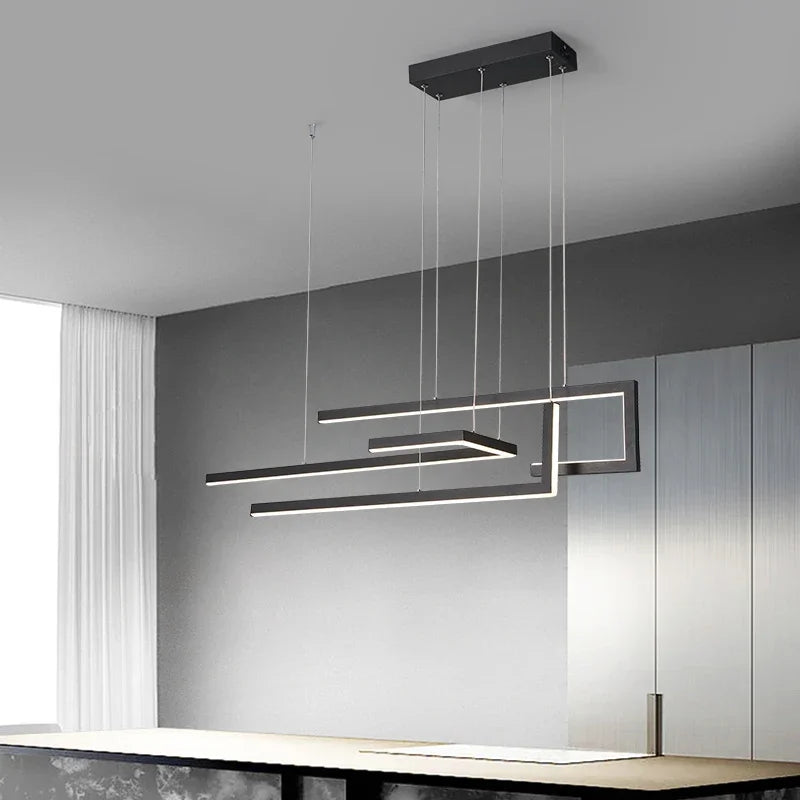 Modern Black Rectangle LED Pendant Lamp Dining Room Kitchen Bar Living Room Bedroom Dimmable Dining Table Lighting Chandelier