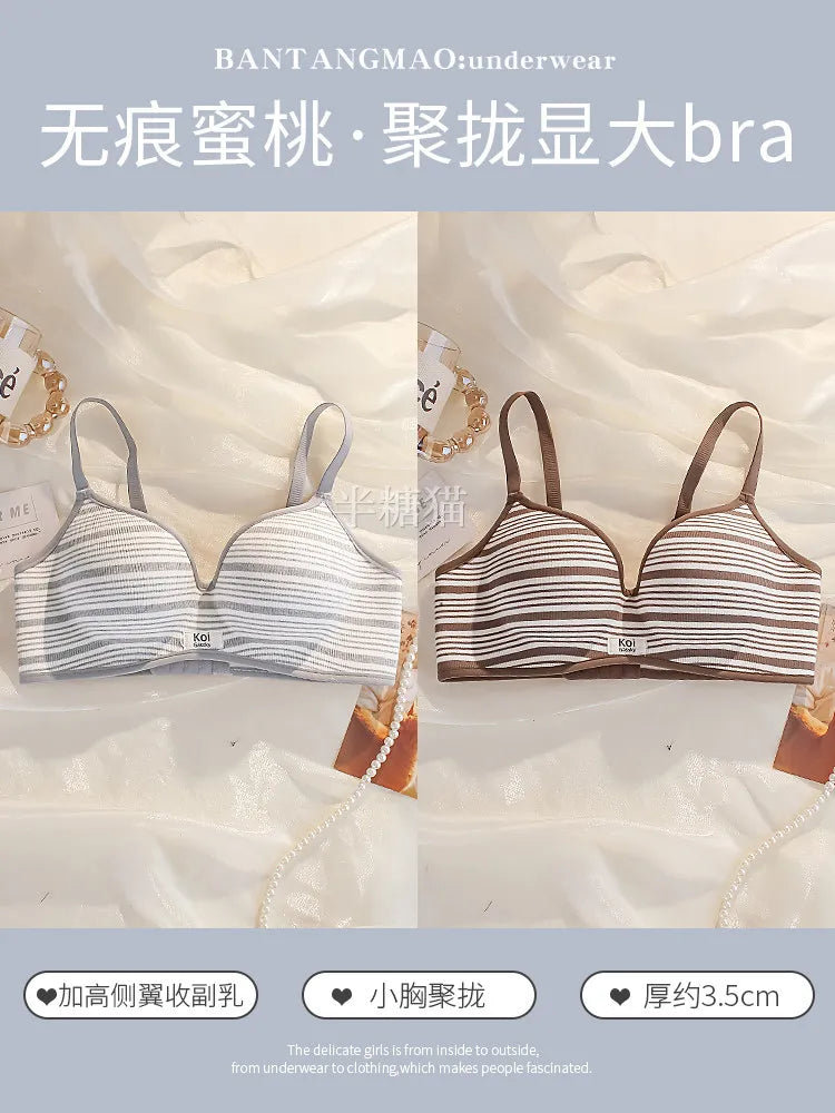Modest Full Coverage Striped Push Up Bra for Women Small Chest Thick Padding Mastectomy Cup Anti Sagging Seamless Luxury Bra sAB