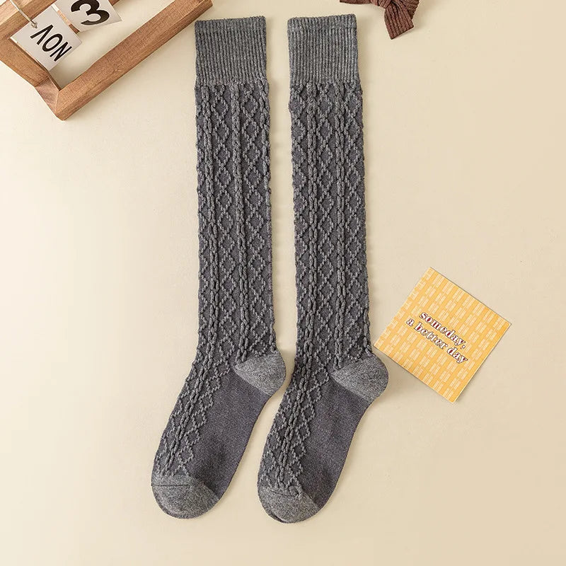 Autumn Winter Japanese Retro Cream White Wool Twisted Anti-Slip Calf Socks Beige Slimming Versatile Mid-Calf Socks