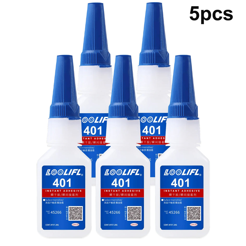 Brand-new upgraded 401 super cyanoacrylate glue, instant drying in 5 seconds, waterproof, stable and versatile bonding tool.