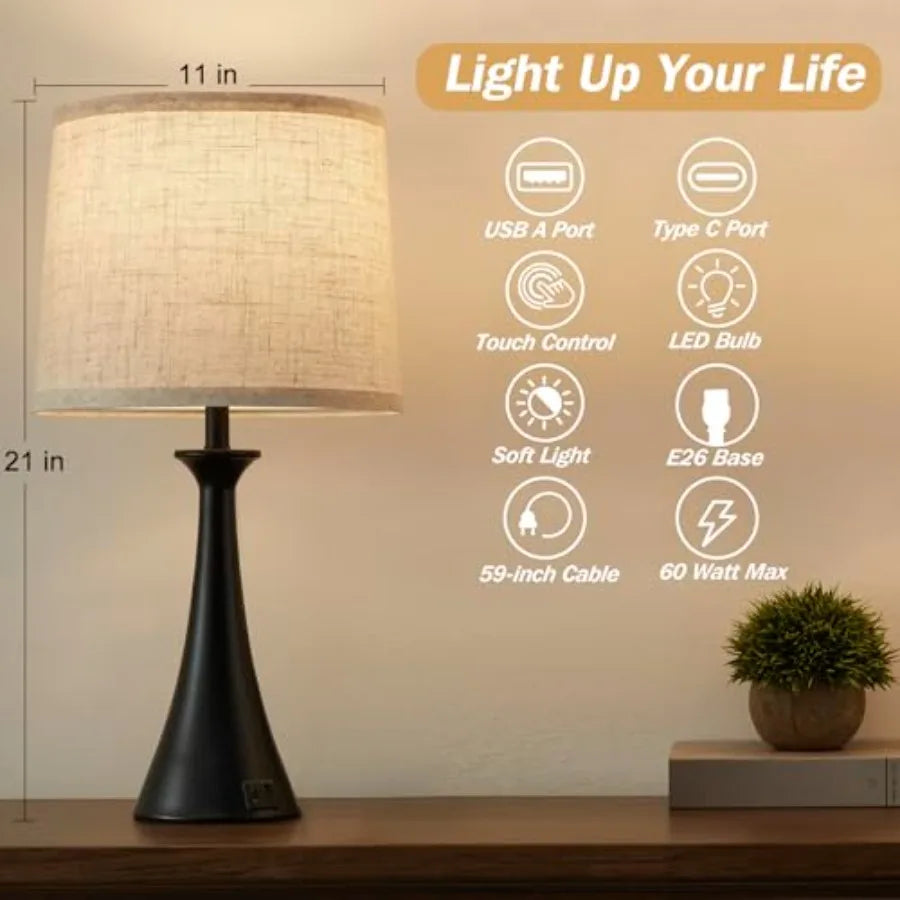 Touch Lamp for Living Room Bedroom 21" Table Lamps Set of 2 with USB C+A Ports Touch Bedside Lamps for Nightstand with 3 Way Di