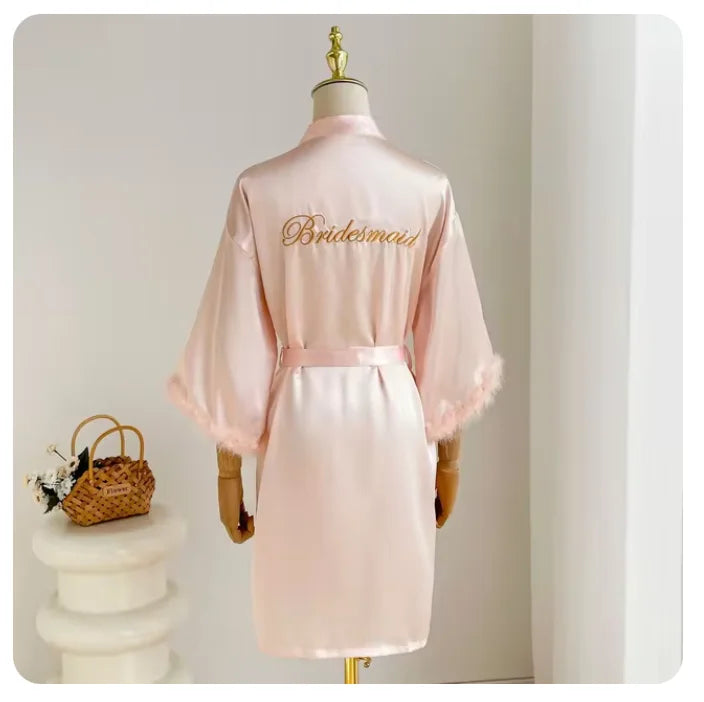 Wedding Bride Bridesmaid Robe Satin Kimono Intimate Lingerie Lady Sexy Feather Sleeve Bathrobe Nightgown Short Sleepwear Onesize