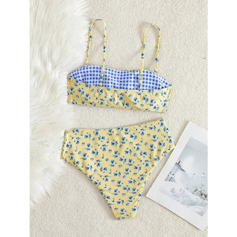Summer double-sided printed floral asymmetrical strap swimsuit set for summer holiday beach getawaysdv